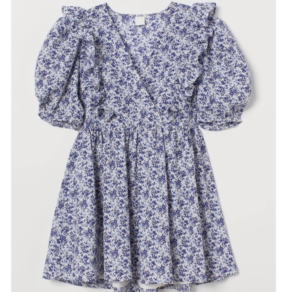 h&m ruffled v-neck faux wrap puff sleeve blue & white floral dress